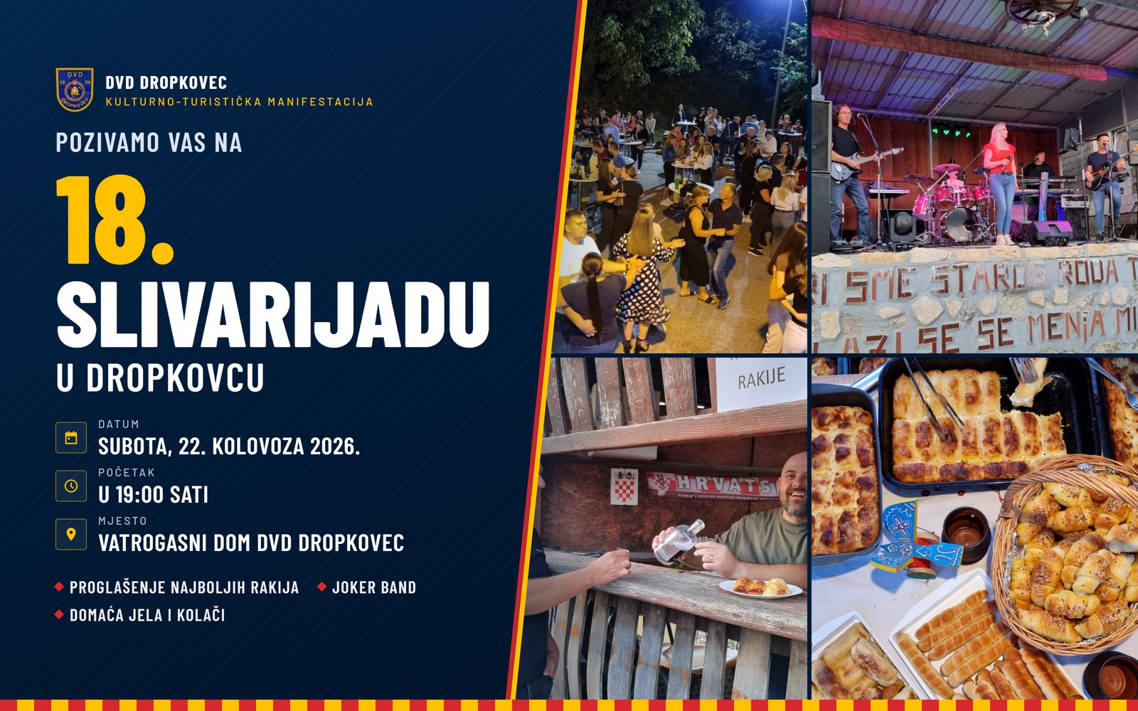 Poziv na 18. Slivarijadu u Dropkovcu — subota, 22. kolovoza 2026. u 19 sati kod Vatrogasnog doma DVD Dropkovec; prizori s prošlogodišnje Slivarijade: ples u dvorištu, Joker Band na pozornici, rakijarnica i domaća jela