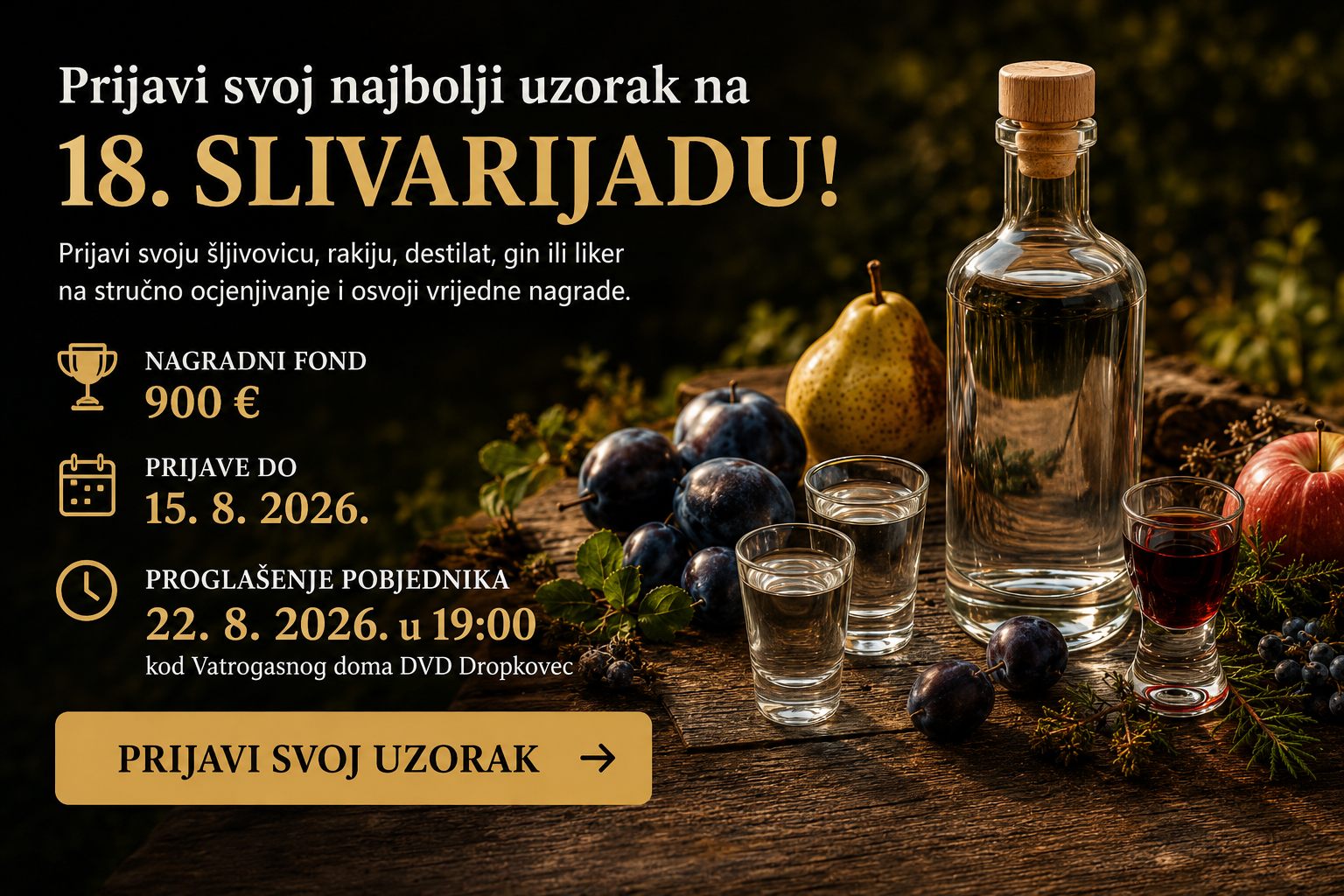 Plakat 18. Slivarijade — prijavi svoj najbolji uzorak: nagradni fond 900 €, prijave do 15. 8. 2026.